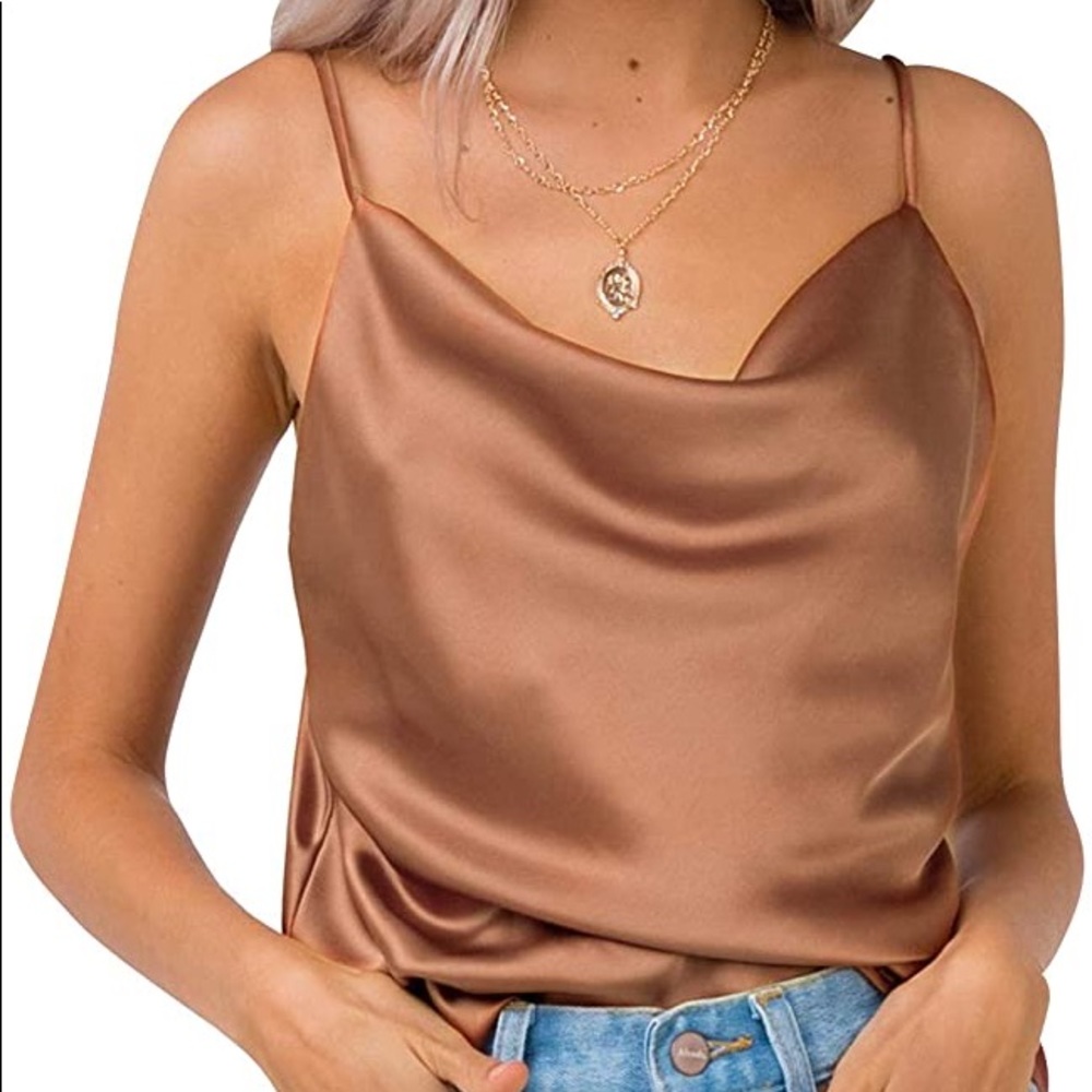 Brown Women's Spaghetti Satin Camisole Sleeveless Soft Tank Top